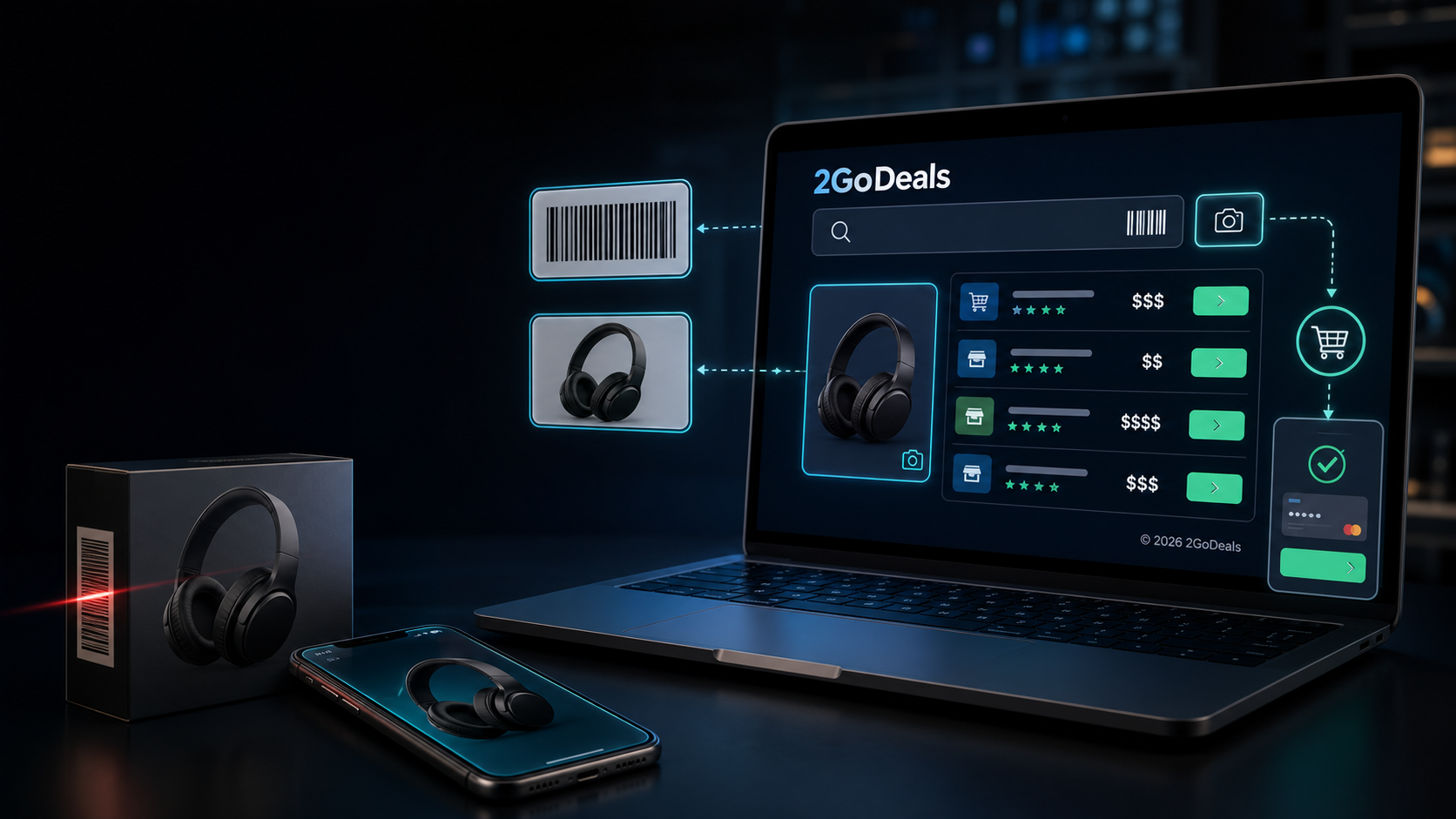 2GoDeals visual search showing barcode, image search, offer comparison, and checkout routing